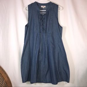 Umgee Lace-up Pinstripe Sleeveless Denim Dress